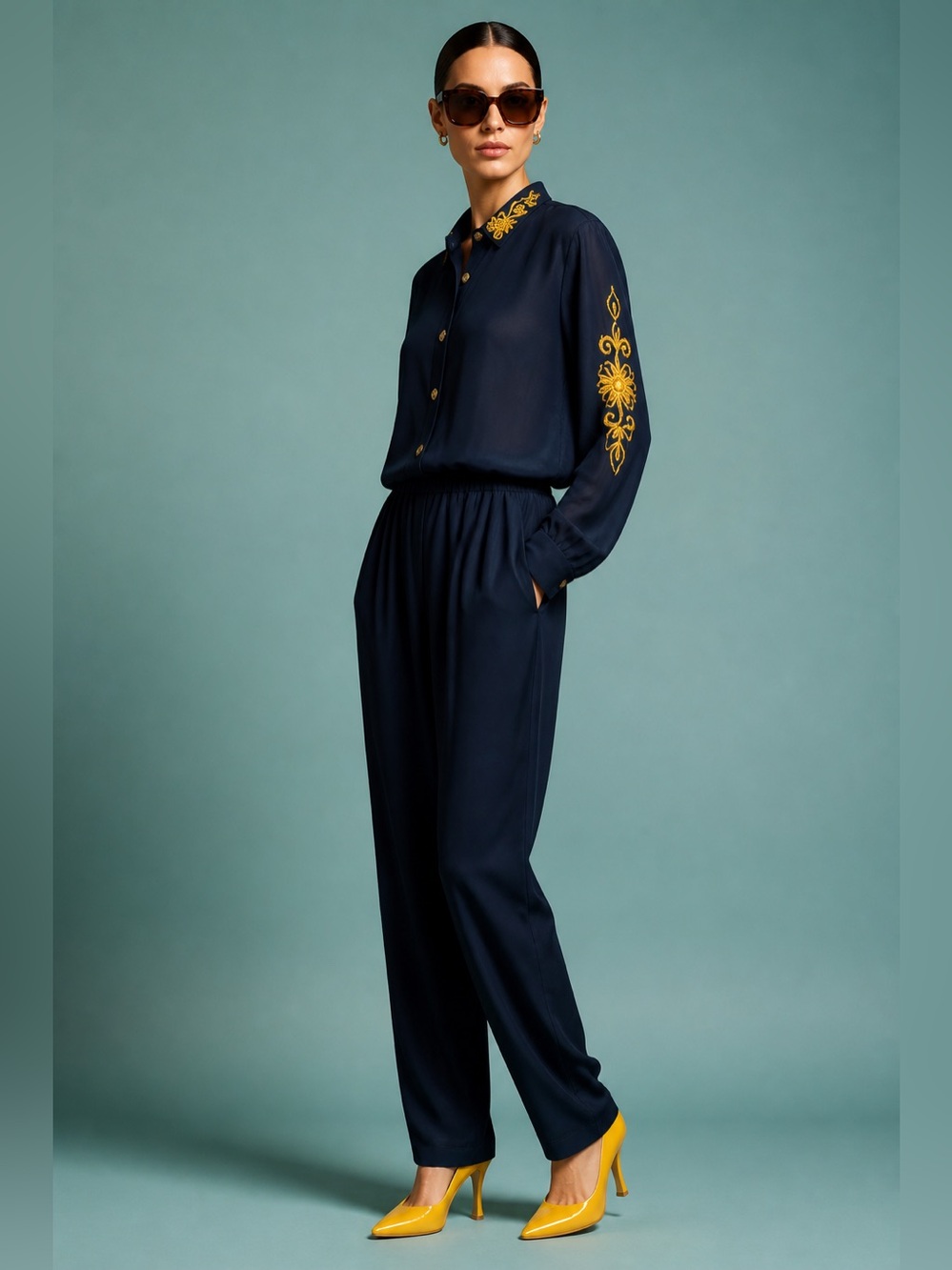 80s Jumpsuit Stirrups PG Collection by Ginger Bort Romper Gold Embroidery XL - Picture 13 of 14